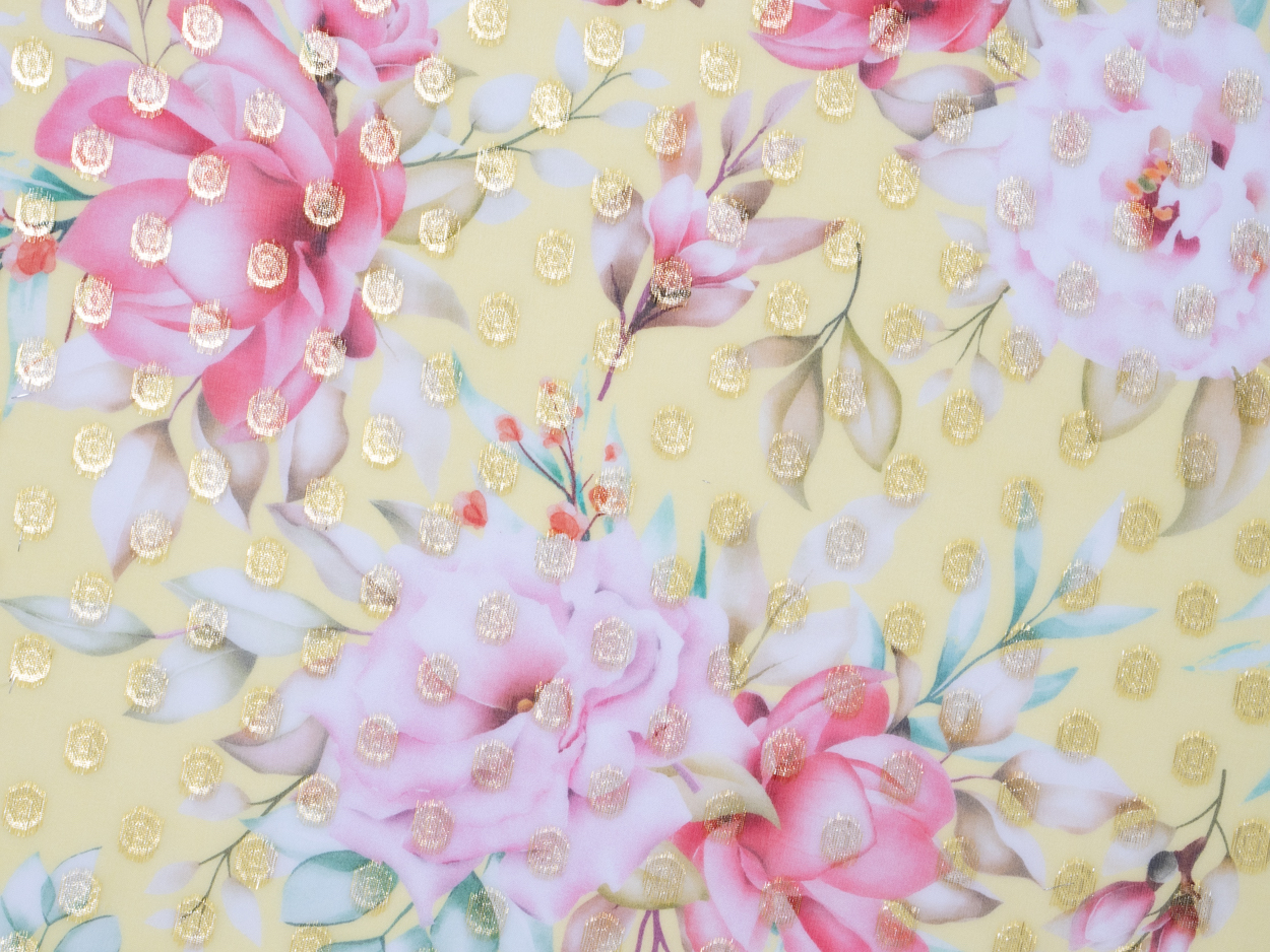 Rose Bouquet Pink Yellow Lurex Italian Silk Chiffon Shaukat Fabrics